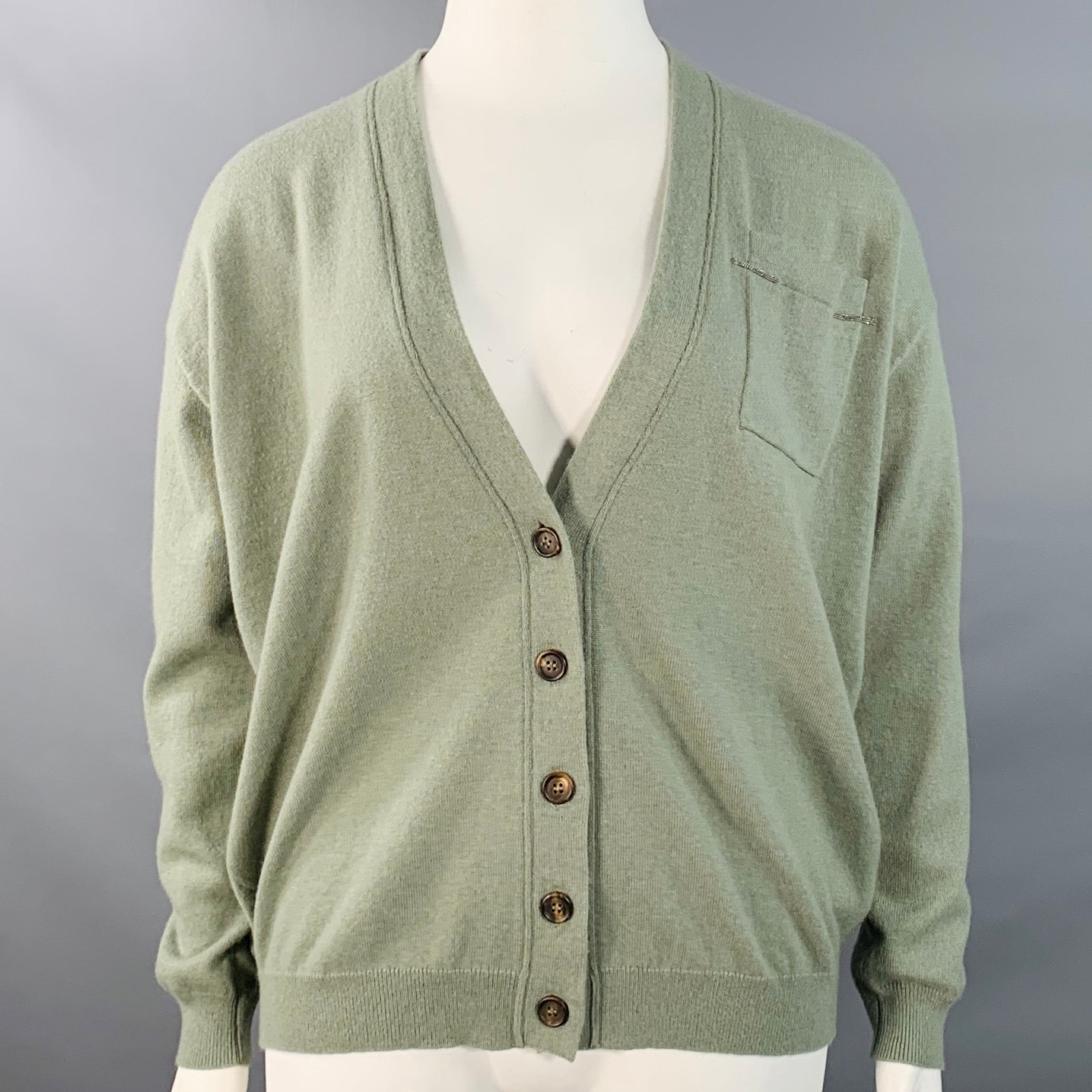 Brunello Cucinelli Sage Green Cashmere Monili Beaded One Pocket V-Neck Cardigan